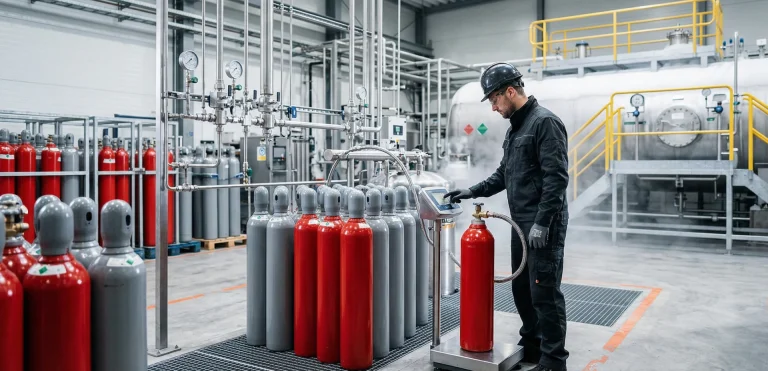 Pracownik profesjonalnej rozlewni dwutlenku węgla kontroluje wagę napełnianej butli gazowej; w tle butle techniczne i spożywcze oraz instalacja przesyłowa.