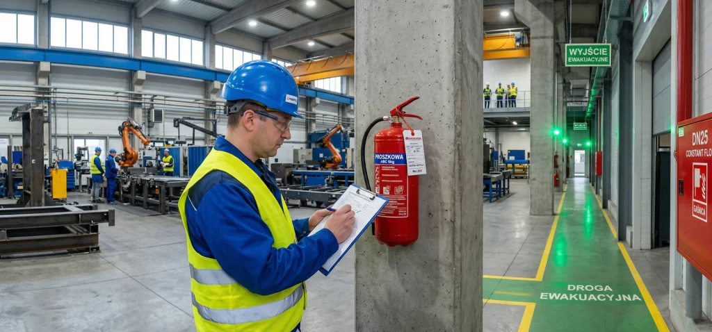 Inspektor PPOŻ przeprowadzający audyt bezpieczeństwa pożarowego w zakładzie produkcyjnym – przegląd gaśnicy przy stanowisku roboczym