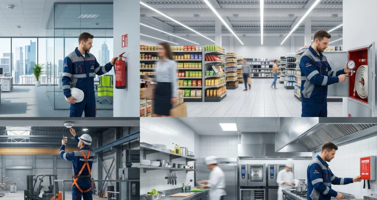 Kolaż przedstawiający różne branże: biuro, handel, produkcję i gastronomię, z widocznymi zabezpieczeniami przeciwpożarowymi i serwisantem ppoż. przy pracy.
