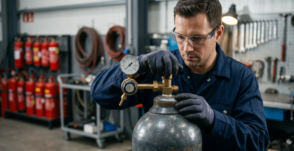 Technik serwisu Pozserwis24 dokonujący inspekcji zaworu stalowej butli ciśnieniowej w profesjonalnym warsztacie