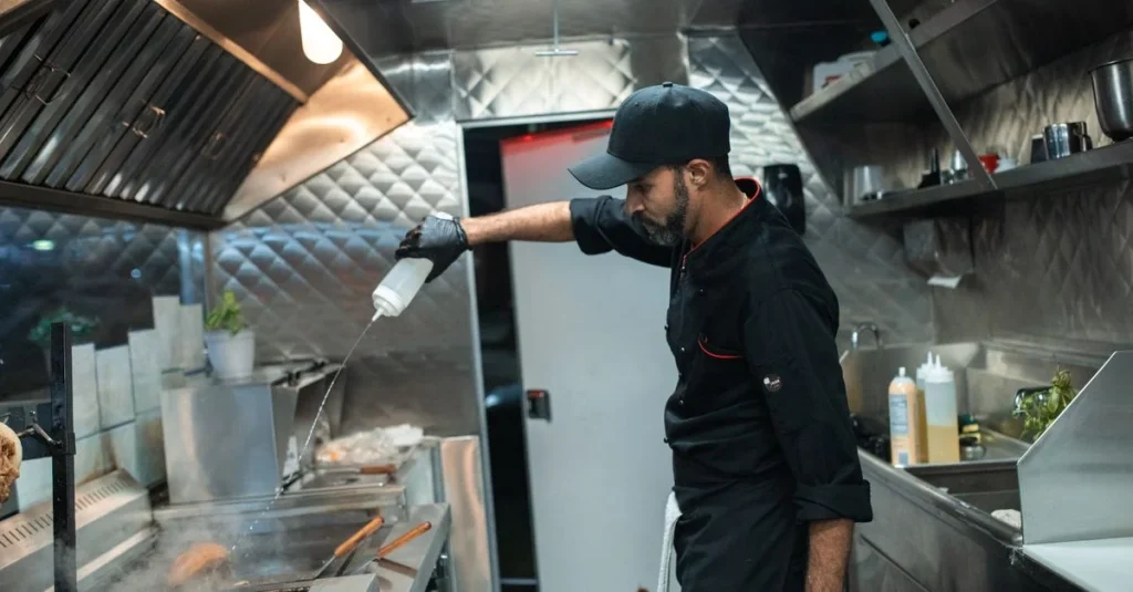 Gaśnica umieszczona w profesjonalnej kuchni restauracyjnej w pobliżu strefy gotowania