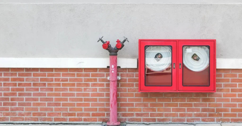 Prawidłowo oznakowany i łatwo dostępny hydrant wewnętrzny zamontowany w nowoczesnej hali magazynowej.