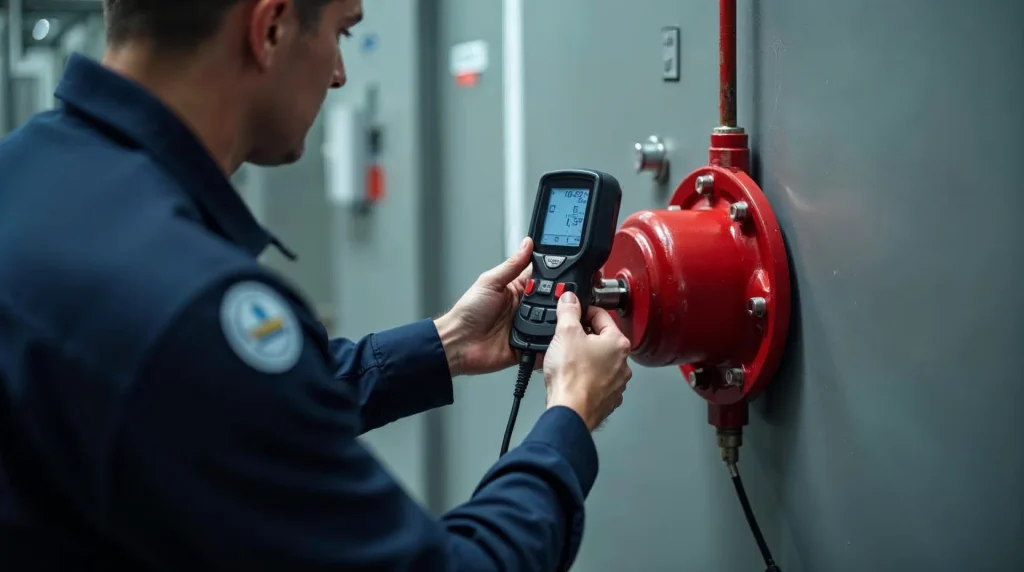Serwisant badający ciśnienie i wydajność hydrantu wewnętrznego w zakładzie produkcyjnym.