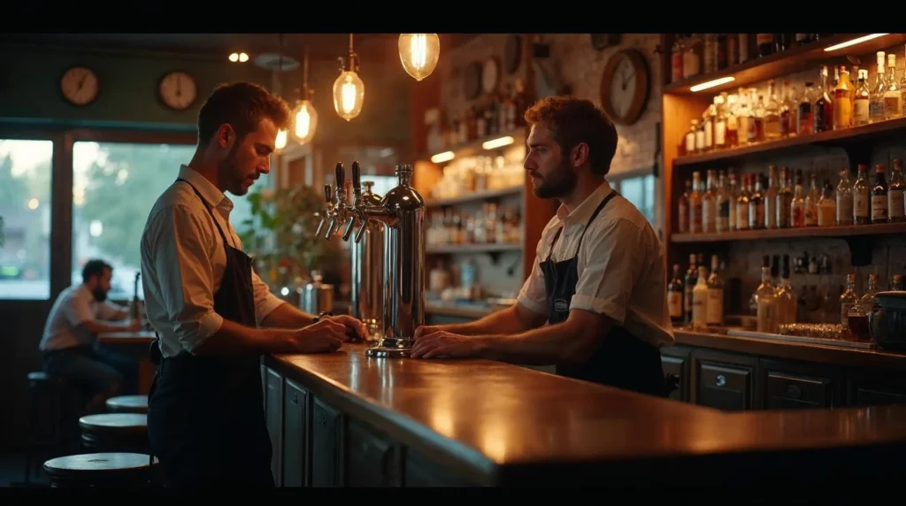 Barman i serwisant przy butli CO2 podłączonej do instalacji piwnej
