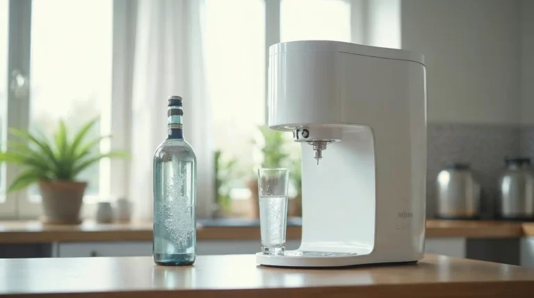 Cylinder CO2 i saturator na blacie w jasnej kuchni, obok szklanka z wodą
