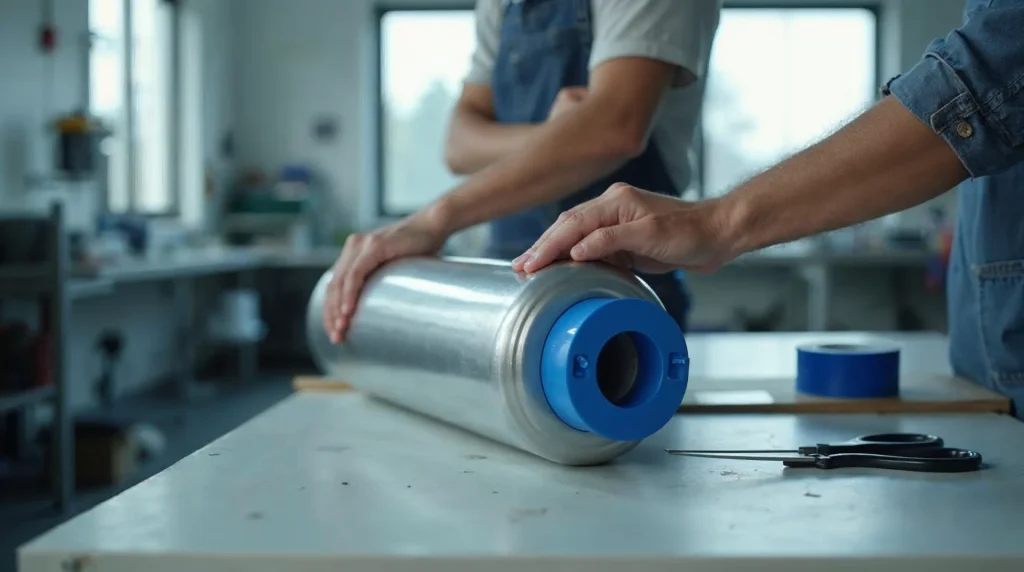 Dłoń nakładająca niebieski plastikowy kapturek ochronny na metalowy zawór aluminiowego cylindra CO2 leżącego na stole.