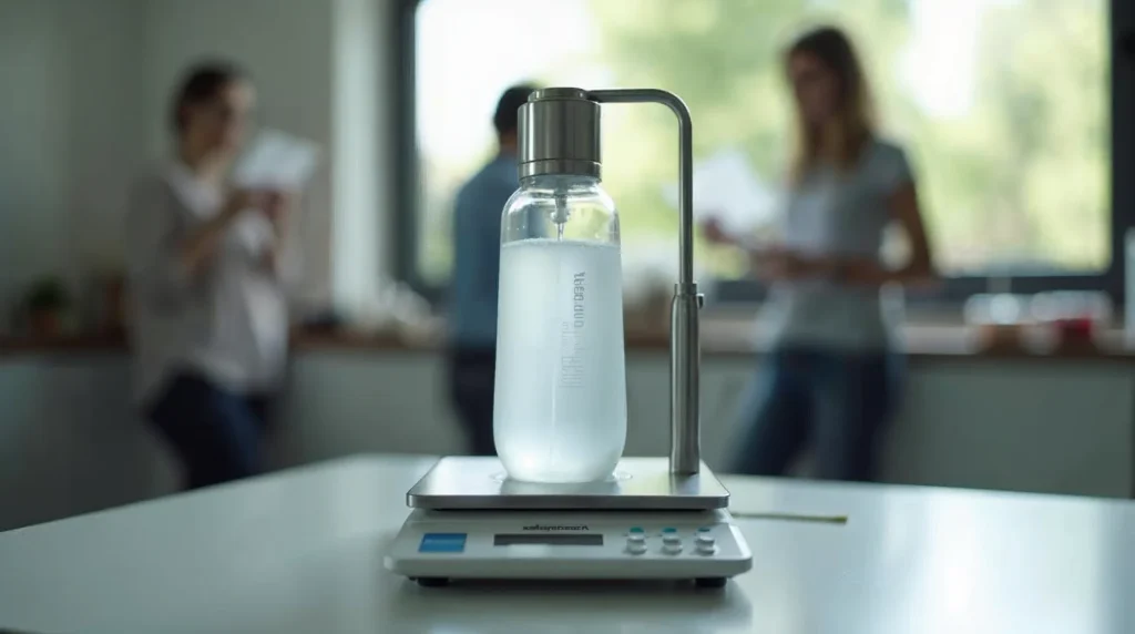 Mała butla typu SodaStream na precyzyjnej wadze elektronicznej podczas napełniania dwutlenkiem węgla.