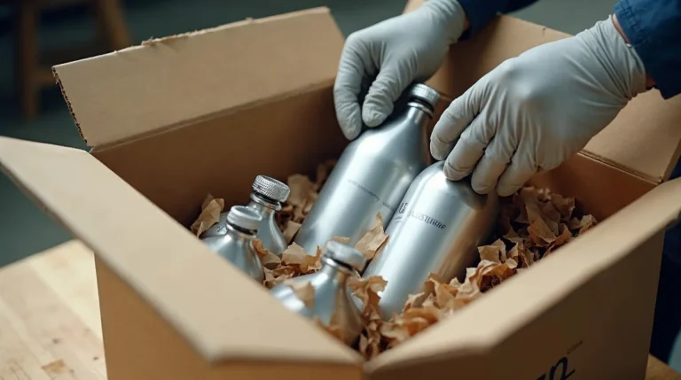 Mężczyzna w roboczych rękawicach układa cztery srebrne aluminiowe cylindry CO2 w tekturowym pudełku wypełnionym zmiętym papie