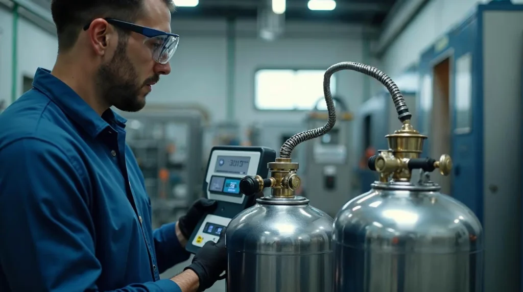 Napełnianie butli CO2 na precyzyjnej wadze elektronicznej w profesjonalnej rozlewni gazów technicznych.