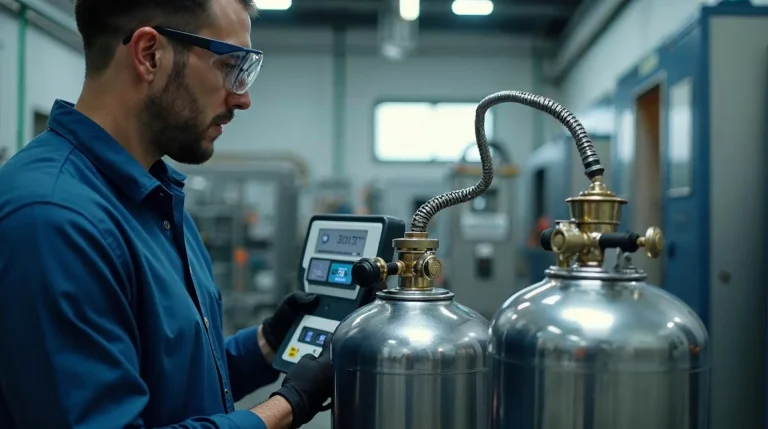 Napełnianie butli CO2 na precyzyjnej wadze elektronicznej w profesjonalnej rozlewni gazów technicznych.