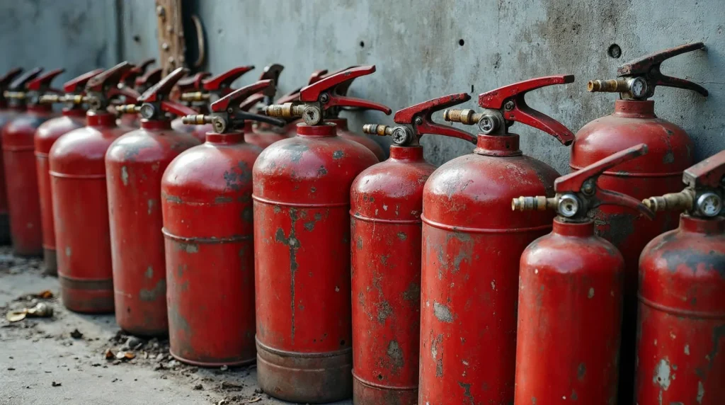 Stare, zużyte czerwone gaśnice ułożone pod betonową ścianą w punkcie recyklingu sprzętu przeciwpożarowego.