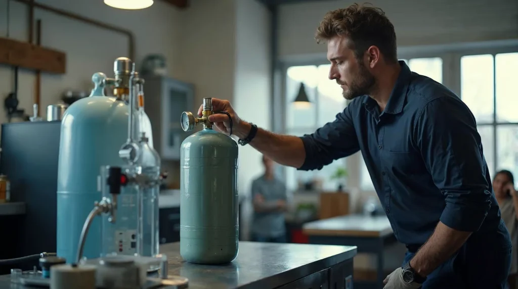 Technik sprawdza cylinder CO2 na stole warsztatowym, obok leżą manometr i złączki