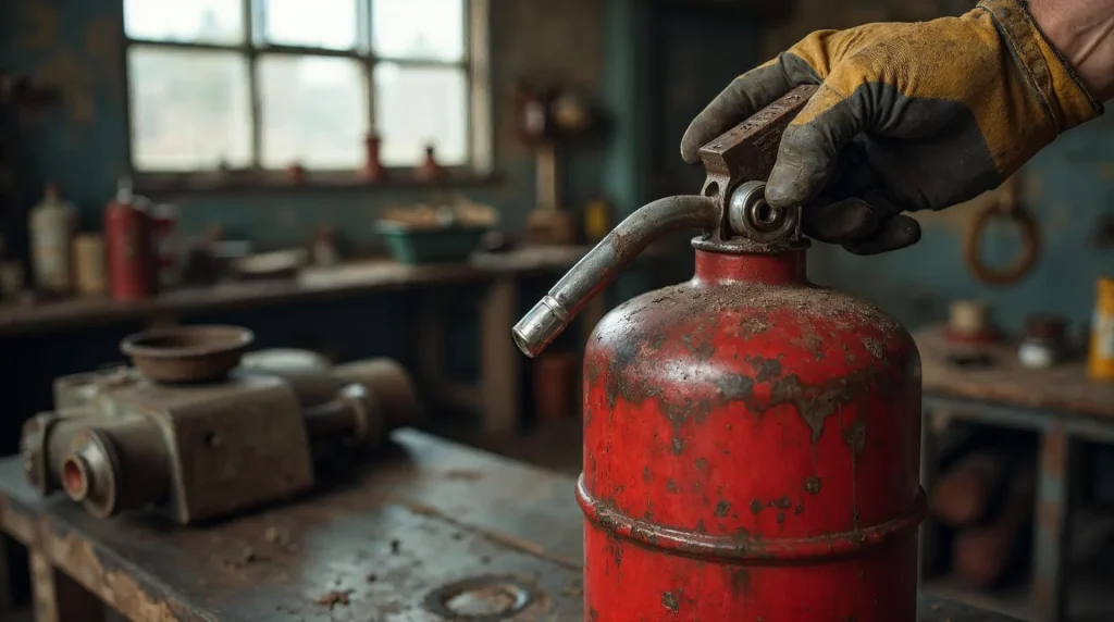 Zbliżenie na skorodowaną czerwoną gaśnicę na warsztatowym stole, obok dłoni mechanika w rękawicach roboczych.